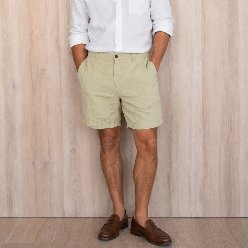 Trevero‎ Mens Silk Linen Shorts Size 34 Tan Flat Front Old Money Preppy Luxury